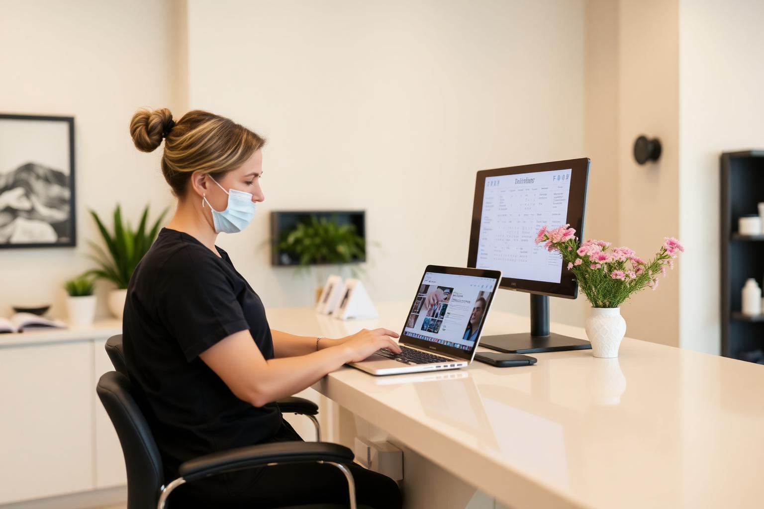 Salon receptionist reviewing a free salon booking system on a laptop at a clean reception desk