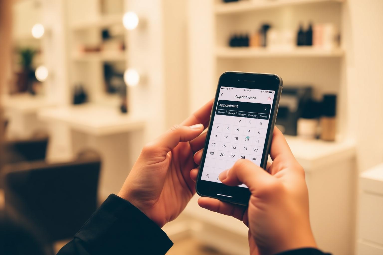 Stylist holding a phone showing a salon booking app calendar with appointment slots